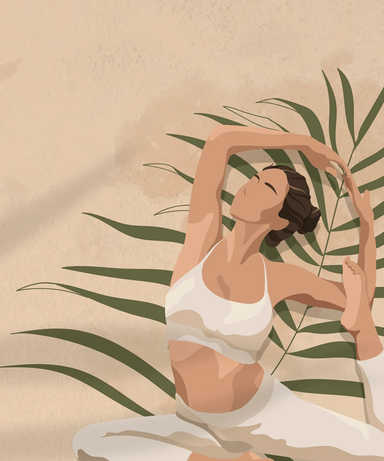 Ilustración de una mujer haciendo yoga, sentada con los brazos estirados por encima de la cabeza, delante de una hoja de palmera